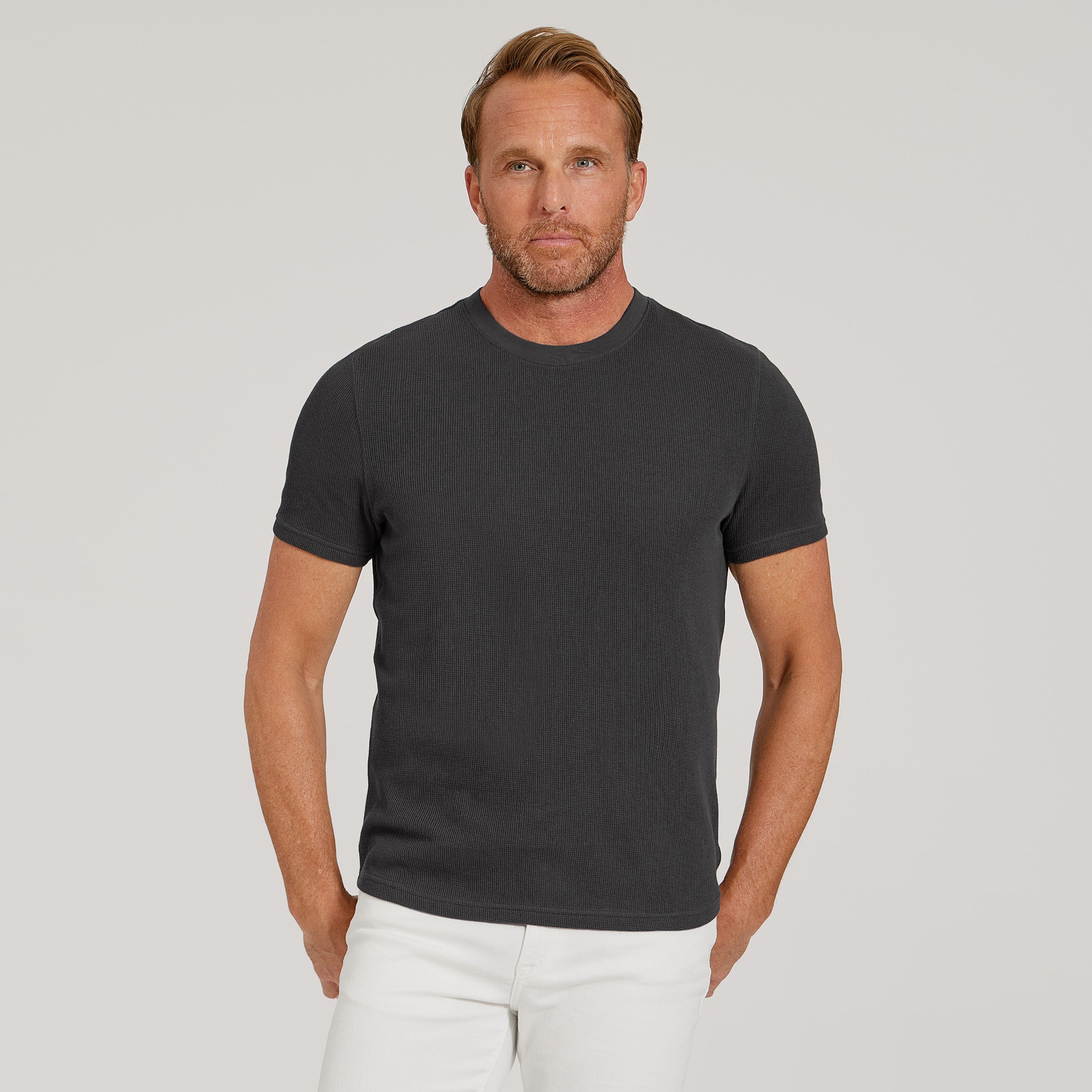 Cotton Waffle Curved Hem Crew