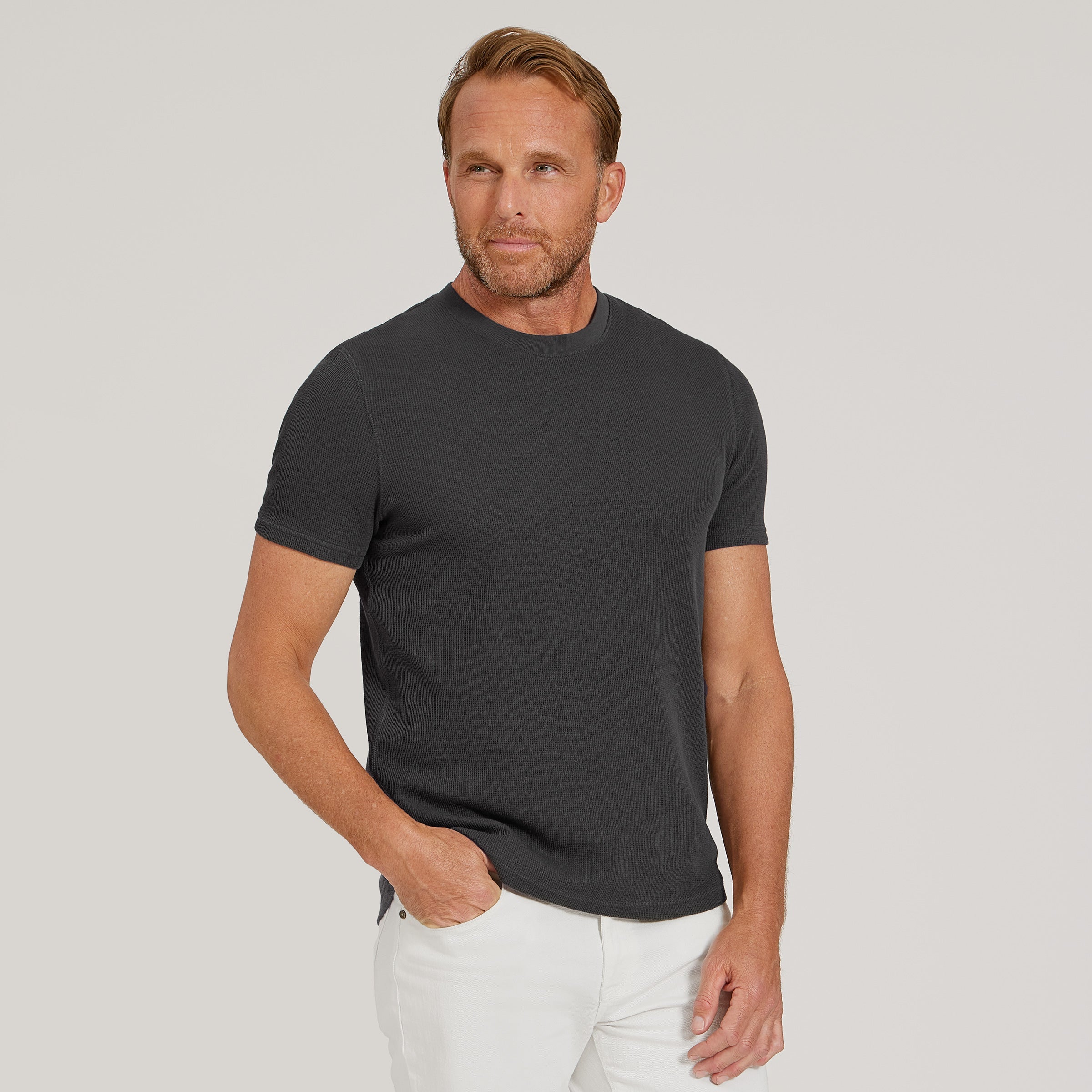 Cotton Waffle Curved Hem Crew