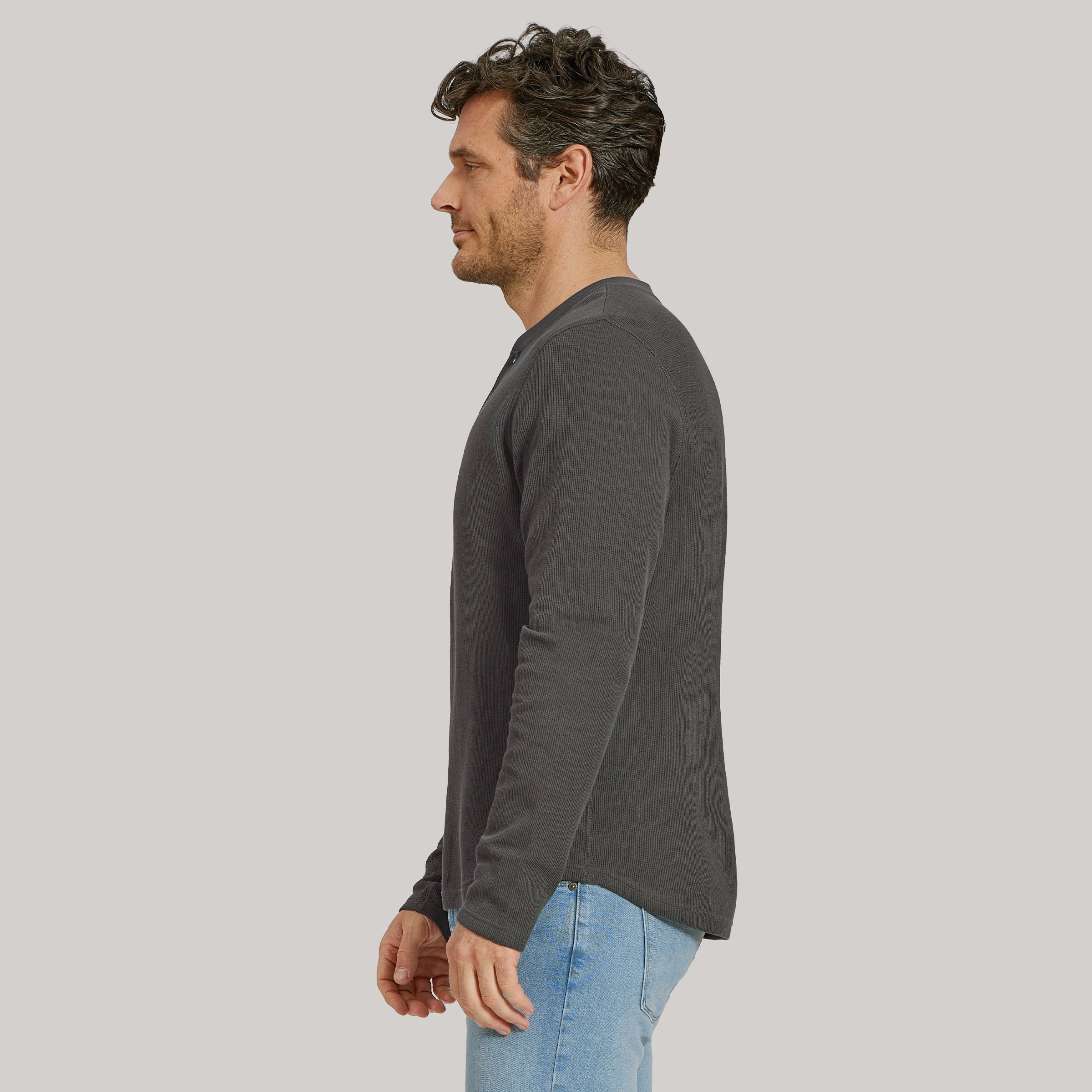 Cotton Waffle Curved Hem Henley