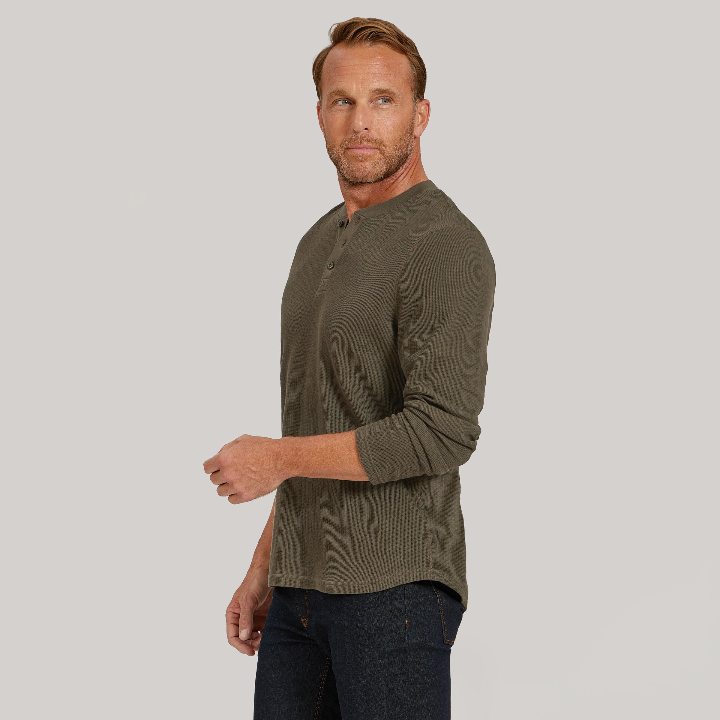 Cotton Waffle Curved Hem Henley