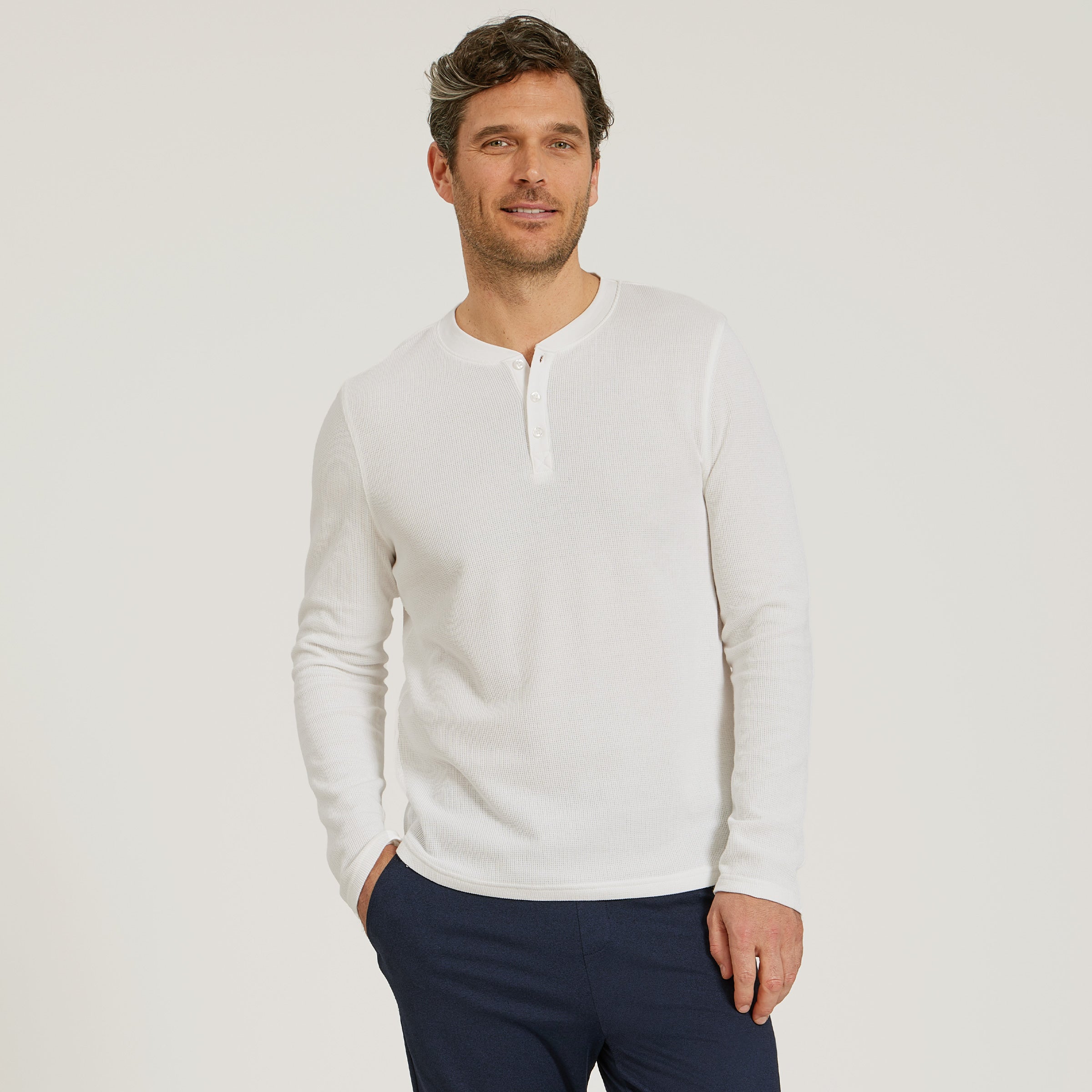 Cotton Waffle Curved Hem Henley