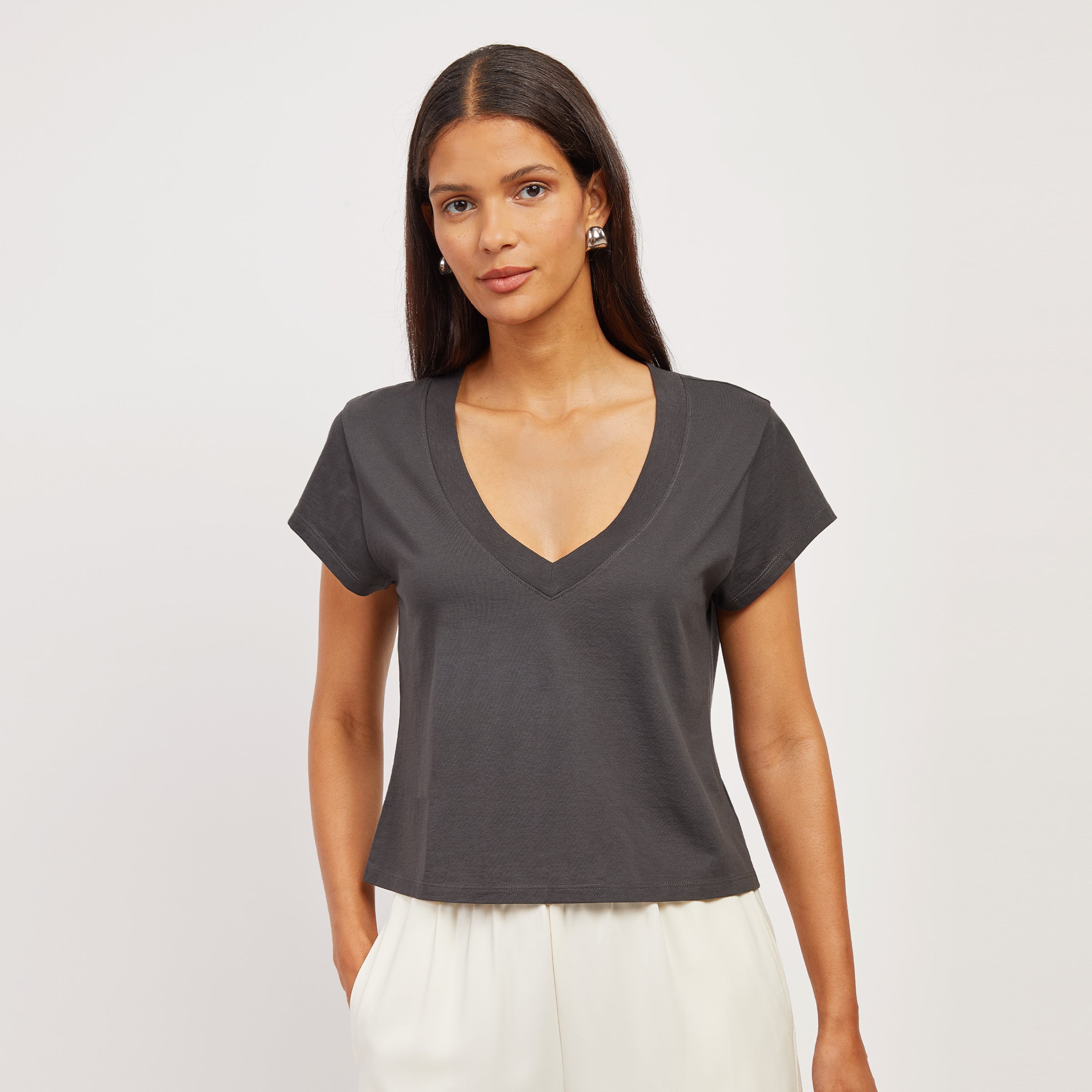 Cotton Boxy Deep V-Neck Tee