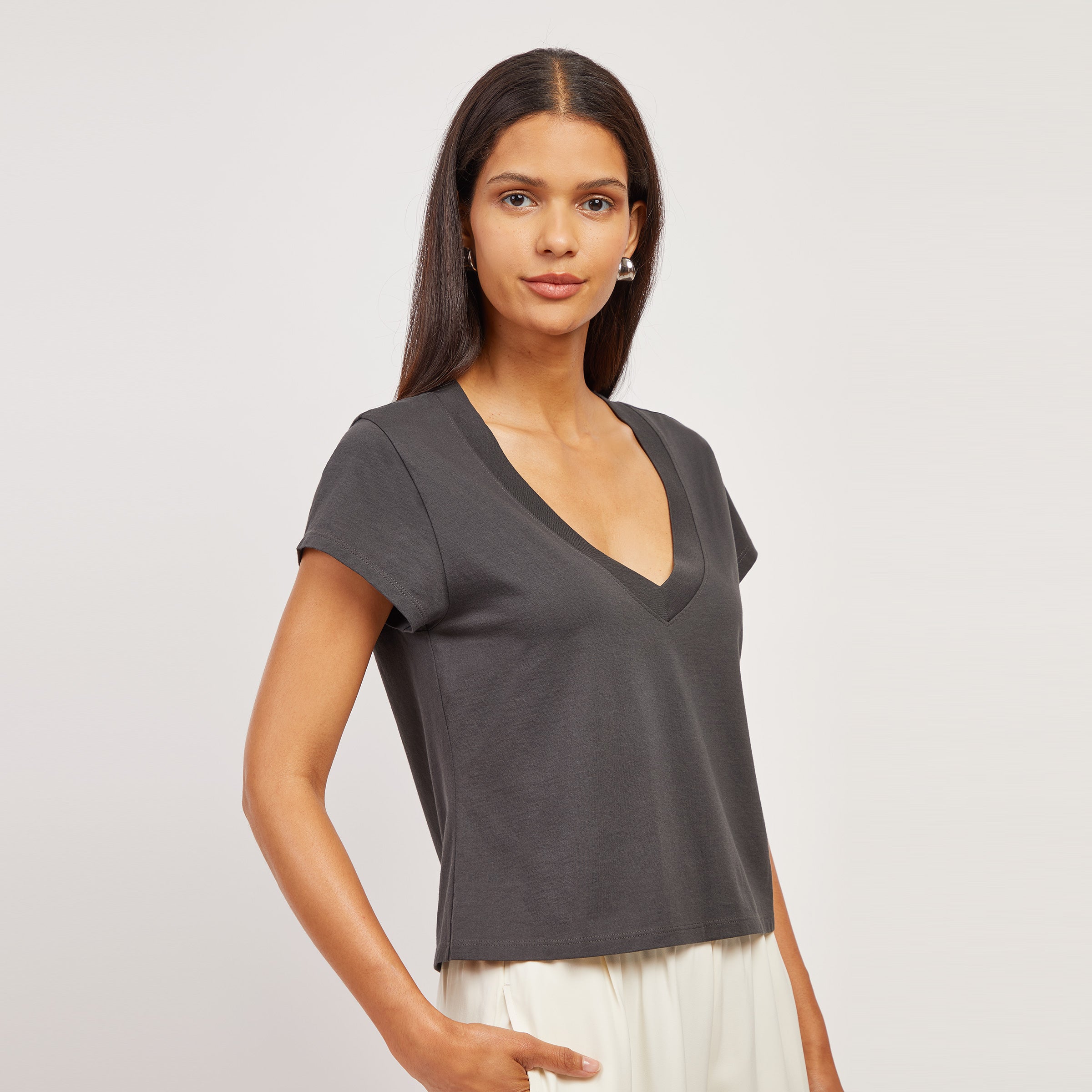 Cotton Boxy Deep V-Neck Tee
