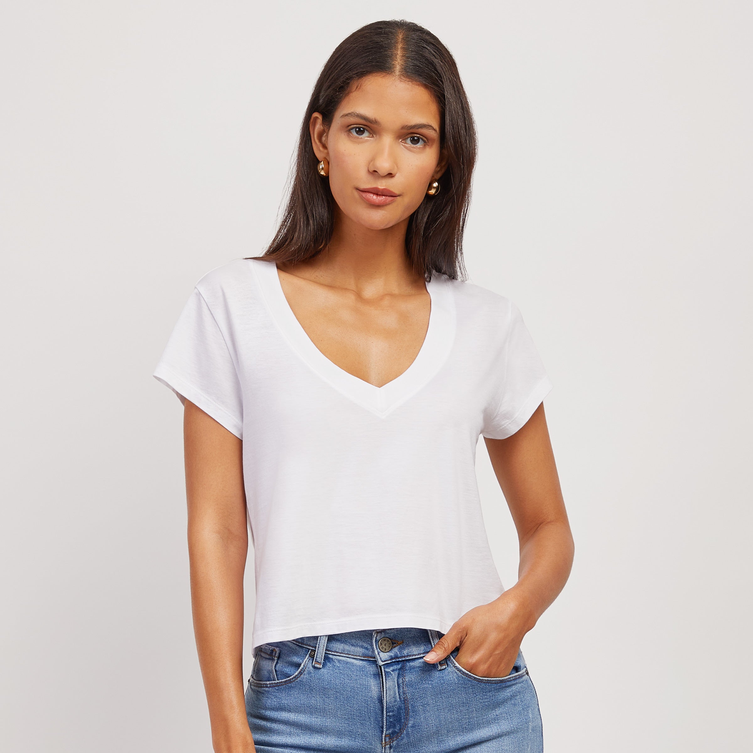 Cotton Boxy Deep V-Neck Tee