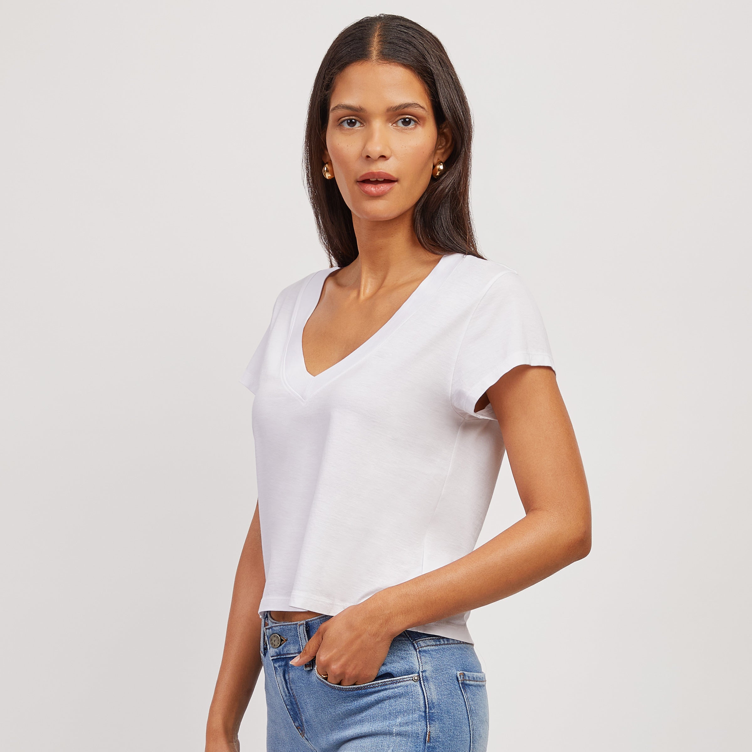Cotton Boxy Deep V-Neck Tee