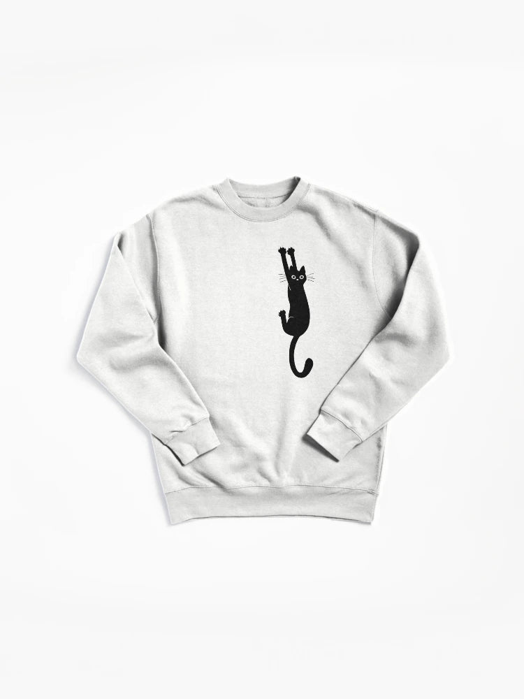 Black Cat Holding On Pullover - Funny Cat Lover Pullover Sweatshirt