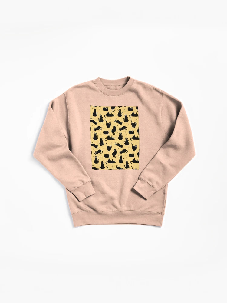 Black Cat Pattern Pullover Sweatshirt - Minimalist Feline Design