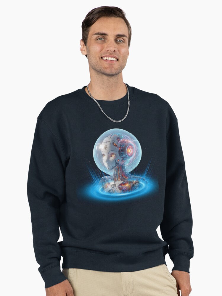 Sci-Fi AI Girl Graphic Pullover - Cyberpunk Pullover Sweatshirt Dark Blue