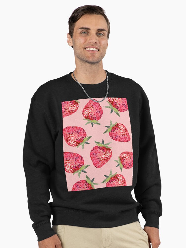 Disco Ball Strawberry Pullover Sweatshirt - Aesthetic Fruit Design Black