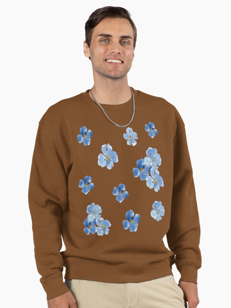 Little Blue Flowers Pullover - Aesthetic Floral Pullover Sweatshirt Brown