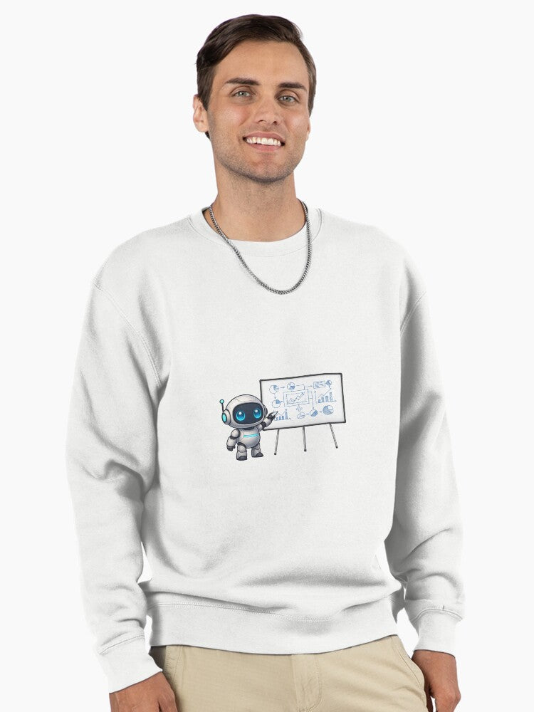 Robot Writing Whiteboard Pullover Sweatshirt - Cute AI Illustration White