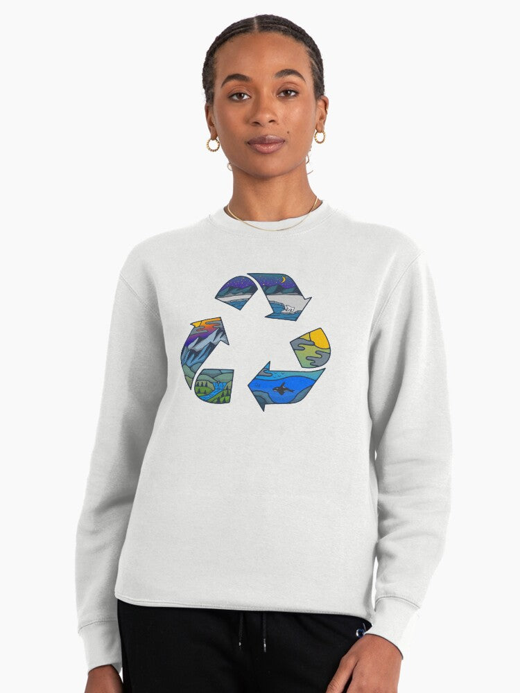 Recycle Logo Nature Illustration Pullover Sweatshirt - Organic White